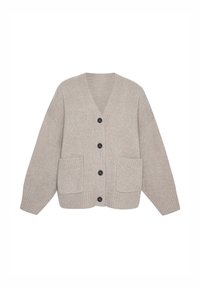 Cardigan en tricot beige avec un col en V, quatre boutons noirs et deux poches plaquées ; texture côtelée et manches longues.