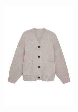 Beige gestrickte Strickjacke mit V-Ausschnitt, vier schwarzen Knöpfen und zwei aufgesetzten Taschen; gerippte Struktur und lange Ärmel.