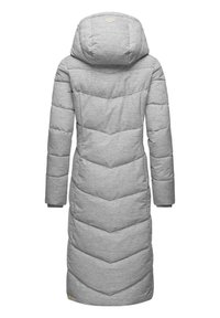 Gray padded coat with a chevron pattern, a hood, and long sleeves. Features include a zipper closure and elastic cuffs.