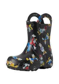 Stivale da pioggia in gomma nera con un motivo colorato di personaggi Disney, texture liscia, design arrotondato e manici laterali doppi per una facile vestibilità.