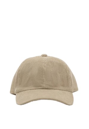 Beige corduroy honkbalpet met gestikte paneelconstructie en gebogen klep.