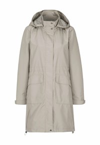 Beige regenjas van waterdichte stof, met een capuchon, knoopsluiting aan de voorkant en twee voorzakken met flapsluiten. Gladde textuur.