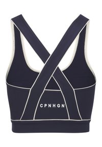 Navy spordirinnahoidja ristatud rihmadega, kontrastsete valgete õmblustega ja sileda tekstuuriga. Omab logo "CPNHGN" rihmades.