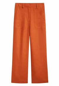 Oranje linnen wijde broek met een rechte snit, voorzien van twee voorzakken en een enkele achterzak, ontworpen voor comfortabel dragen.