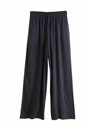 Navy wide-leg pants with an elastic waistband, drawstring closure, and soft, lightweight fabric. No visible patterns or accents.