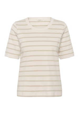Camiseta de cuello redondo de manga corta con rayas horizontales cortas en beige y blanco, con un ajuste relajado.