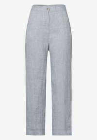 Světle šedé lněné kalhoty s širokými nohavicemi a knoflíkovým zapínáním, které mají hladký povrch a čistý, minimalistický design. Přiléhavý střih.