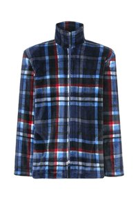 Chaqueta de forro polar con cuello alto, que presenta un patrón de cuadros en azul, negro y rojo. Cierre de cremallera completa y tejido suave y texturizado.
