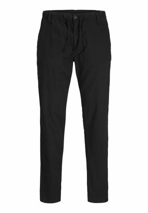 Zwarte broek van zachte stof, met een trekkoord in de taille en knoopsluiting. Recht model met zijzakken en minimale stiksels.