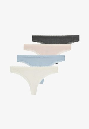 Fyra par kvinnliga stringtrosor i ljusblått, blekrosa, vitt och mörkgrått. Varje par har en spetskant längs midjebandet och benen.