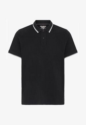 Zwart polo shirt met korte mouwen, voorzien van twee knopen, met een witte en grijze gestreepte kraag en mouwranden. Maat groot.