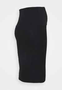Schwarzer, gerippter Midirock mit hohem Taillenbund und taillierter Silhouette, aus dehnbarem Stoff für Komfort und Bewegungsfreiheit.