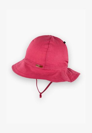 Cappello a secchiello rosa realizzato in tessuto con una visiera larga, una tracolla regolabile e un piccolo logo sul lato. Texture liscia.