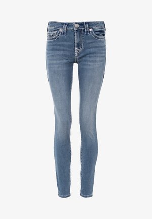 Kapeat siniset farkut, valmistettu denimi-kankaasta, joissa on keskikorkea vyötärö, viisi taskua ja saumojen kohdalla kontrastiväriset ompeleet.