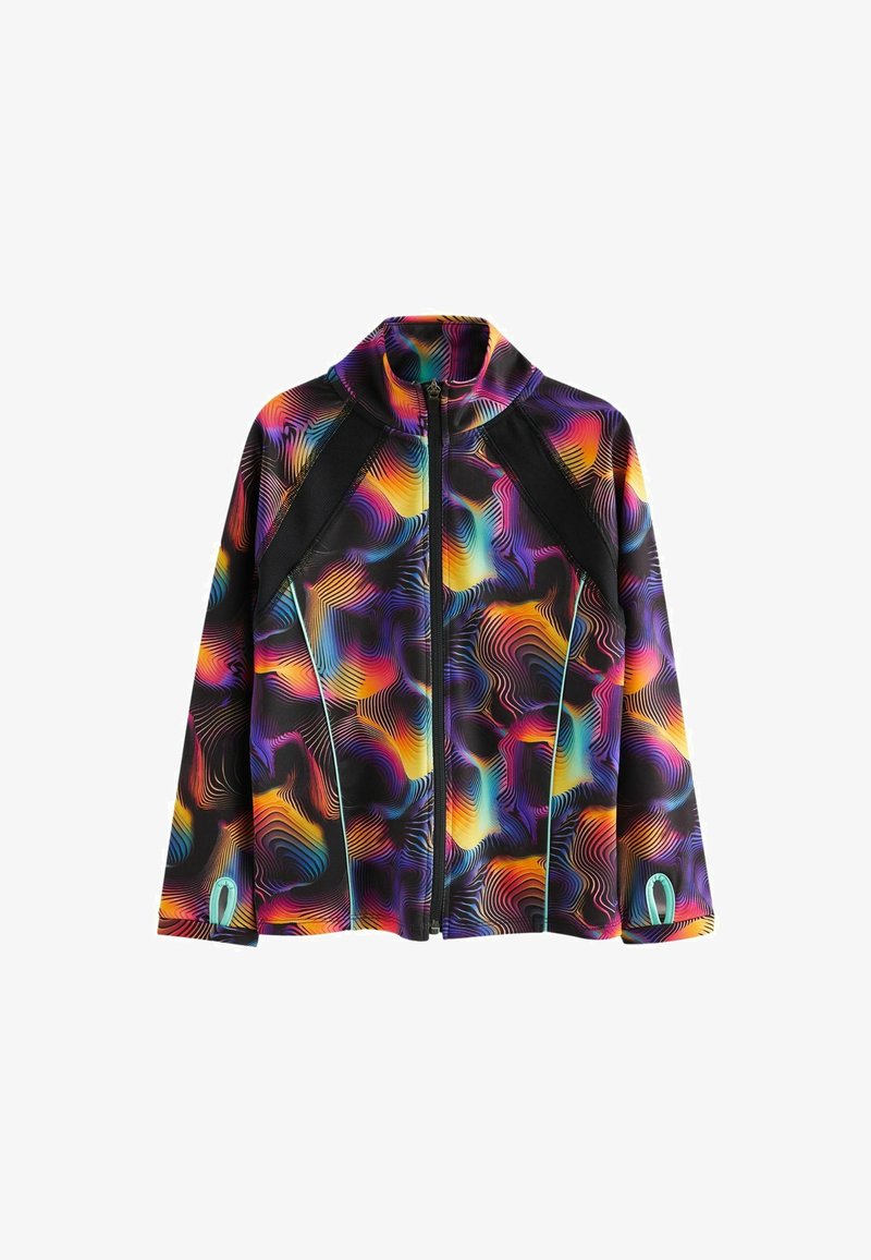 Multicolored zip-up jacket made from smooth fabric, featuring a vibrant swirling pattern in black, purple, orange, and teal accents.