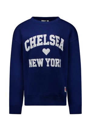 Marineblauwe trui met witte tekst "Chelsea" boven een hartsymbool en "New York" eronder aan de voorkant, lange mouwen, ronde hals.