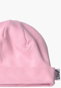 Rosa Beanie-Mütze aus weichem Stoff. Hat eine enge Passform mit umgeschlagenem Saum und subtiler Textur. Enthält ein kleines Markenetikett an der Seite.