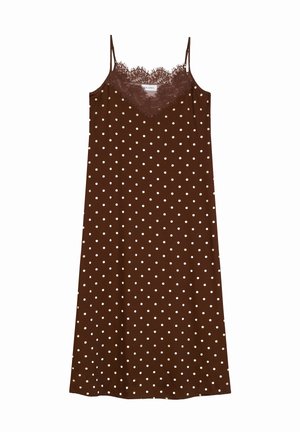 Vestido marrón sin mangas con lunares blancos, escote en V con encaje y tirantes finos, colocado plano sobre fondo blanco.