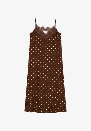 Ruskea hihaton mekko, jossa valkoiset pallokuvioinnit, pitsireunainen V-kaula-aukko ja ohuet olkaimet, aseteltuna tasaisesti valkoiselle taustalle.