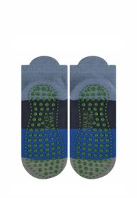 Deux paires de chaussettes, comportant un mélange de sections bleues, vertes, grises et bleu foncé. Des points de grip en caoutchouc sur les semelles pour plus d'adhérence.