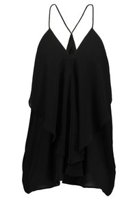 Haut noir sans manches pour femme avec un design superposé et fluide et de fines bretelles croisées sur fond blanc.