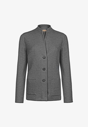 Graue Fischgrätenjacke, Stehkragen, Front mit vier Knöpfen, zwei vordere Taschen, glatte Textur, lässiges Design.