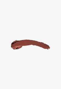 Matte brown lipstick swatch, creamy texture, smooth application, slightly uneven edge, soft, blendable finish.