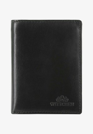 Black leather wallet featuring a smooth texture, vertical orientation, and subtle embossed logo on the bottom right corner.