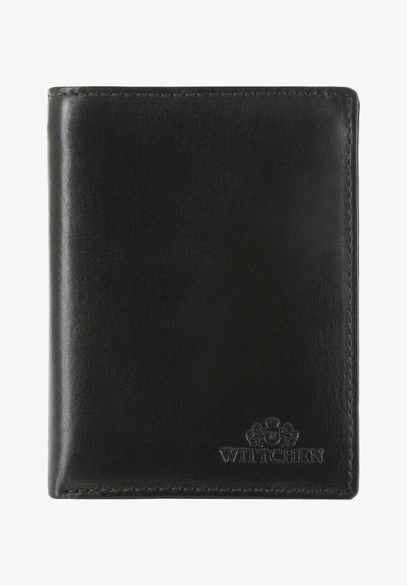 Schwarze Lederbörse mit glatter Textur, vertikaler Ausrichtung und dezentem, geprägtem Logo in der rechten unteren Ecke.