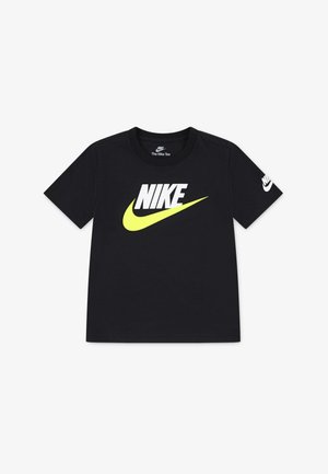 T-shirt en coton noir avec un grand logo "NIKE" blanc et un swoosh jaune néon. Comprend un petit logo Nike sur la manche droite.