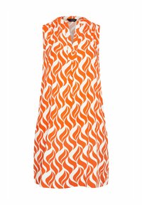 Hihaton valkoinen mekko, jossa on oranssi aalto-kuvio. Mekossa on V-pääntie ja rento istuvuus, ja se on valmistettu kevyestä kankaasta.