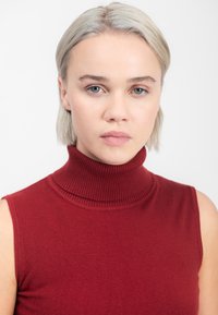 Gilet senza maniche di colore rosso realizzato in un morbido materiale a maglia, caratterizzato da un collo alto aderente e una superficie liscia e uniforme.