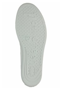 Weiße Gummisohle mit einer strukturierten Oberfläche, die kleine kreisförmige Muster und den eingeprägten Markennamen aufweist. Leicht abgerundetes Design von Spitze und Ferse.