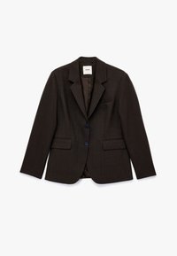 Mørkebrun blazer med et ternet mønster, to forlommer, enkelt knaplukning og notched revers. Glat, struktureret stof.