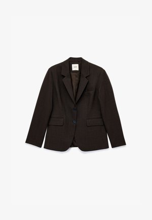 Mørkebrun blazer med et ternet mønster, to forlommer, enkelt knaplukning og notched revers. Glat, struktureret stof.