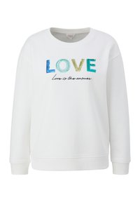 Felpa bianca con lettering in paillettes multicolori che scrive "LOVE" e testo in corsivo nero "l'amore è la risposta". Collo rotondo e polsini a costine.