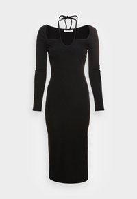 Vestido midi justo preto com mangas longas, decote arredondado e detalhe de laço nas costas. Tecido suave com uma silhueta elegante.