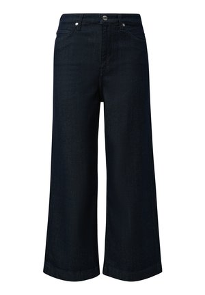 Wijd uitlopende donkere blauwe denim jeans met hoge taille, voorzakken en een knoopsluiting.