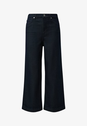 Jeans in denim blu scuro a vita alta con gambe larghe, tasche frontali e chiusura con bottone.