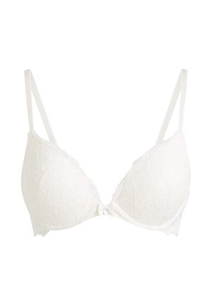 Soutien-gorge rembourré en dentelle blanche avec bretelles fines réglables et un petit nœud décoratif au centre devant.