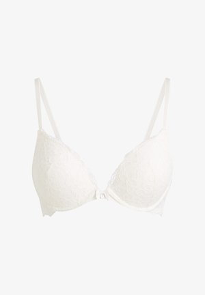 White lace padded bra with adjustable thin straps and a small decorative bow at the center front.