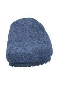 Blue felt slipper with a rounded toe and textured surface. Featuring a rubber sole, it has no visible hardware or accents.