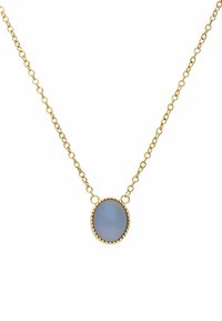 Gouden ketting met een ovaal, lichtblauw stenen hanger met een gestructureerde zetting. De ketting bestaat uit gekoppelde ovale vormen.