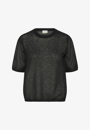 Schwarzer Strickpullover mit kurzen Ärmeln, rundem Ausschnitt und transparenter Textur. Verfügt über einen gerippten Saum und ein dezentes Muster.