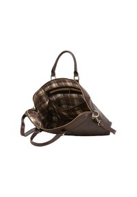 Sac à main en cuir marron avec une forme géométrique, doté de doubles anses, d'un intérieur à motif écossais, et d'une poche zippée à l'intérieur.