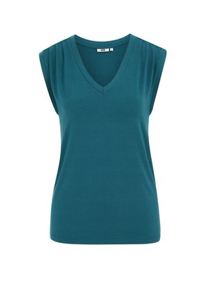 Damski top bez rękawów w kolorze morskim z dekoltem w serek i plisowanymi detalami na ramionach, wykonany z gładkiej tkaniny, przedstawiony na białym tle.