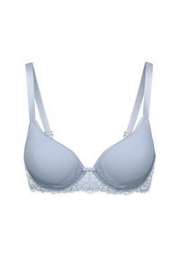 Soutien-gorge bleu clair avec des coques moulées, bordure en dentelle en bas, bretelles en satin ajustables et un petit nœud central.