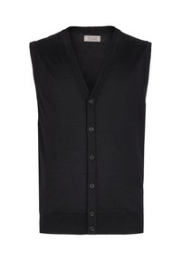 Schwarze ärmellose Strickjacke mit V-Ausschnitt, Knopfverschluss, geripptem Saum und weichem Strickmaterial. Im klassischen Schnitt gestaltet.