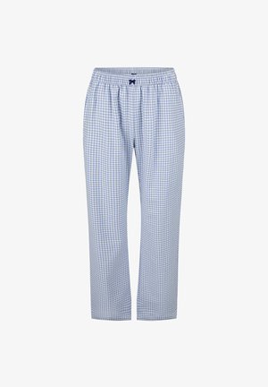 Blauwe en witte geruite broek met elastische tailleband en trekkoord. Losse pasvorm met rechtlopende pijpen. Lichtgewicht stof.