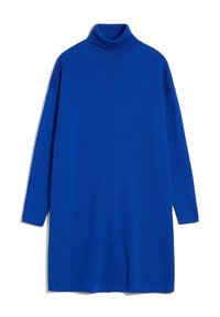 Stickad blå polokragsklänning med avslappnad passform, med långa ärmar och sidoklyftor, slät textur och enfärgad mönstring.